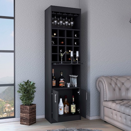 Tuhome Beijing Kava Bar Cabinet, Double Door, Two Shelves, Sixteen Built-in Wine Rack, Black MLW7884